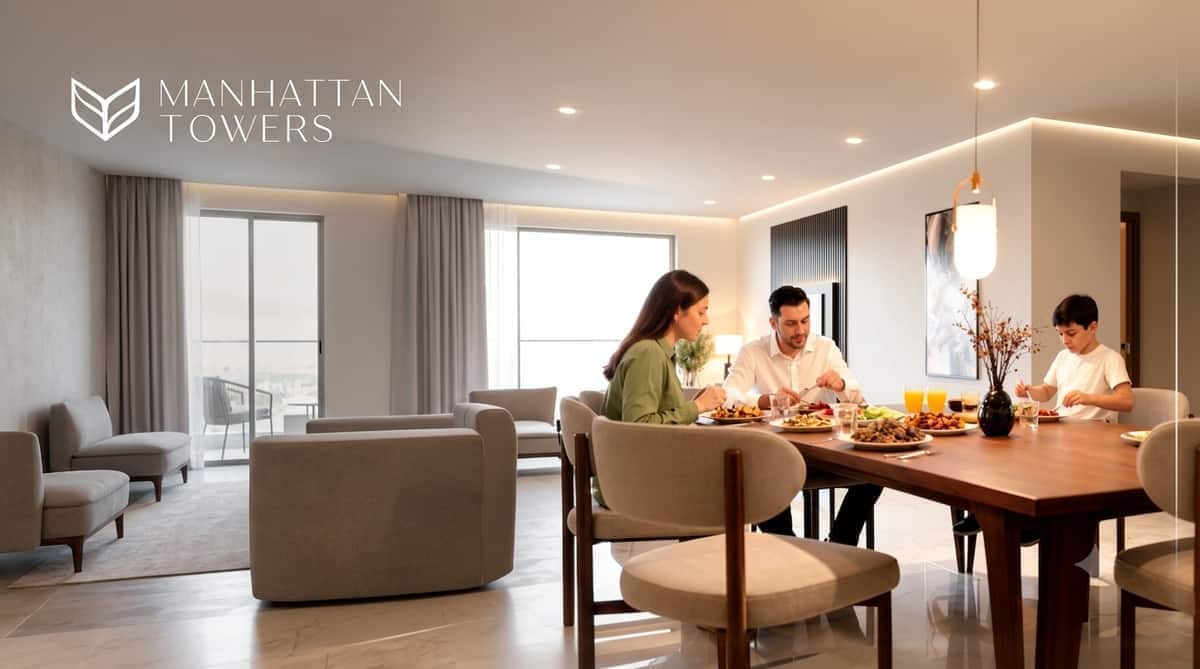 Family dining in a sunlit Manhattan Towers residence