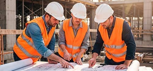 Construction team reviewing blueprints on site